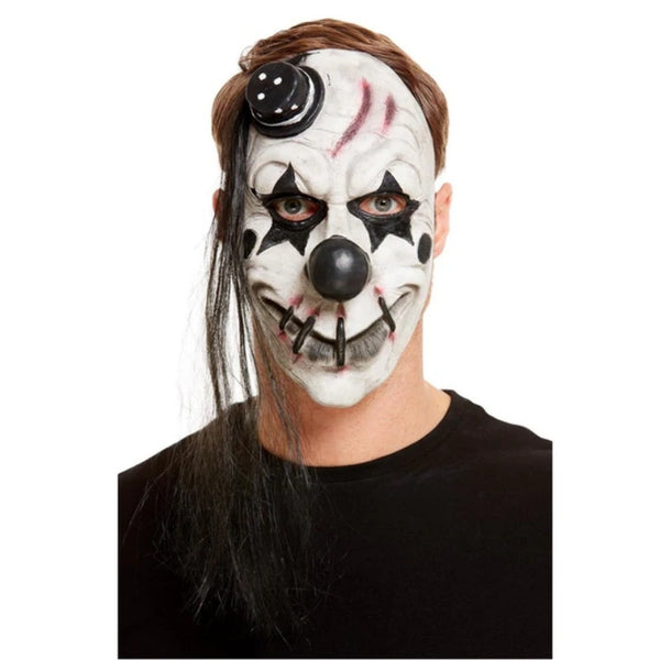 Scary Clown Latex Mask, white with black stars over eyes and mini top hat.