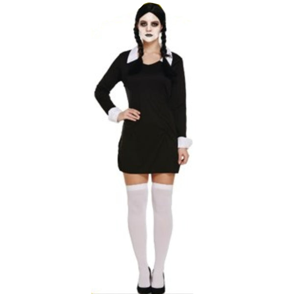 Scary Daughter Halloween School Girl Costume, black dress with long sleeves white collar and cuffs.