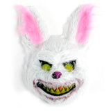 Scary Fluffy Rabbit Mask with pink ears, evil eyes, and sharp teeth, lightweight with elastic strap, perfect for Halloween, horror cosplay, and haunted houses