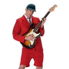School boy rocker costume, red shorts, jacket with shirt and tie insert and cap.