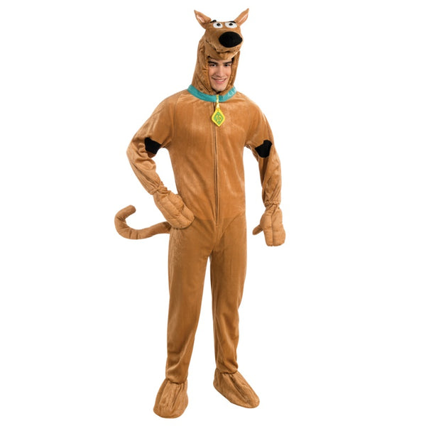 scooby doo adult costume, brown jumpsuit with hood tail and boot covers