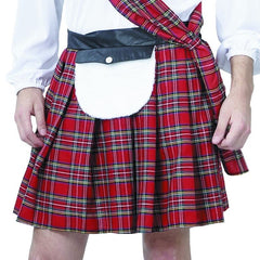 Adult mens Scotsman costume with red tartan kilt, sporran, lace-up shirt and Scottish highlander hat