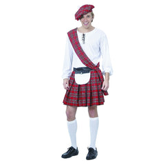 Adult mens Scotsman costume with red tartan kilt, sporran, lace-up shirt and Scottish highlander hat