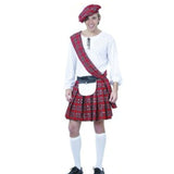 Scotsman costume, red plaid skirt, sash and hat plus white shirt.