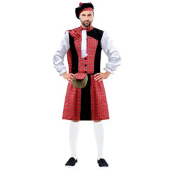Scotsman Highlander Adult Costume, red tartan kilt, shirt, hat and belt.