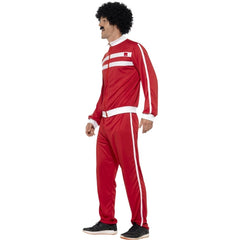 Adult red retro tracksuit costume with matching jacket and pants.