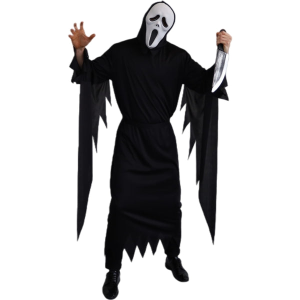 Adult Screaming Ghost Costume with robe and hooded mask front view