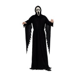 Adult screaming ghost killer costume with black hooded robe and white horror mask