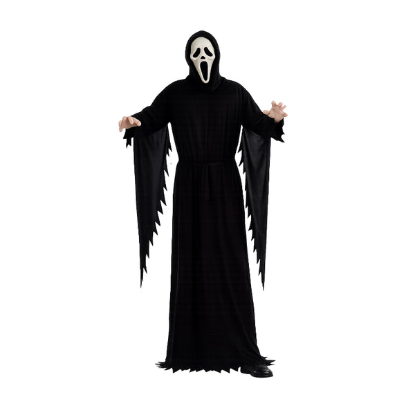 Adult screaming ghost killer costume with black hooded robe and white horror mask