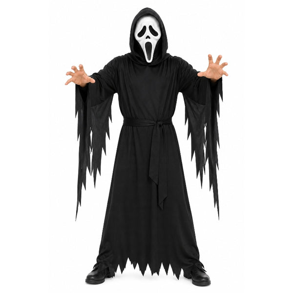 Kids Screaming Ghost Killer costume with black hooded robe and white horror mask