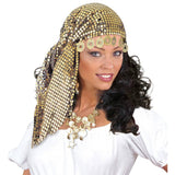 Gold sequin gypsy headdress with dangling coins – fortune teller or circus costume accessory