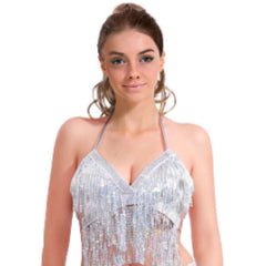 Sequin Halter Top in gold or silver – metallic festival top with ties and sequin fringing