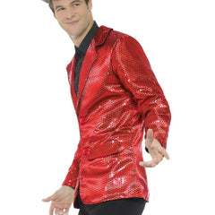Sequin Mens Jacket - Red, all over sequin fabric with 2 buttons at the front.