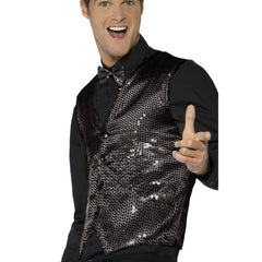Black sequin waistcoat for men, sequin front, satin back with adjustable tab.