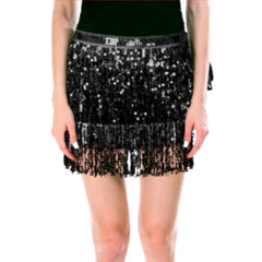 Black sequin skirt worn by a person on a white background
