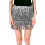 Silver sequin skirt worn by a person on a white background
