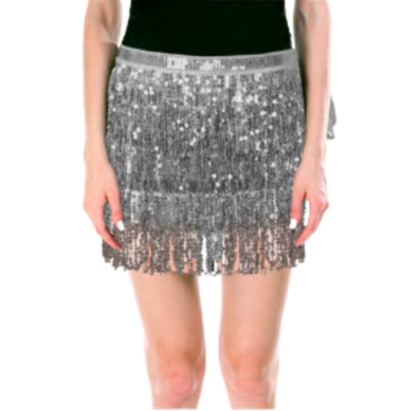 Silver sequin skirt worn by a person on a white background