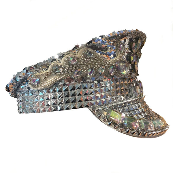Silver white sequined festival hat burning man style headpiece