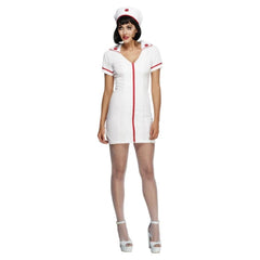 Sexy Nurse Costume, figure hugging dress with red zip up at the front, short with collar, matching hat.
