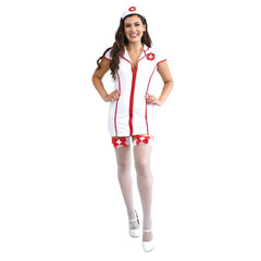 Sexy nurse costume with white zip-up dress, red trim, and nurse hat