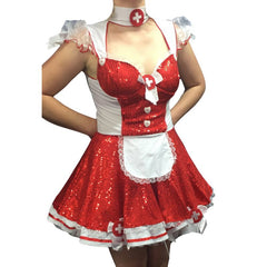 Glam Nurse - Hire, red sequin and white dress, with medical signs, hire includes, dress with attached apron, hat and petticoat.
