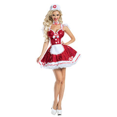 Glam Nurse - Hire, red sequin and white dress, with medical signs, hire includes, dress with attached apron, hat and petticoat.