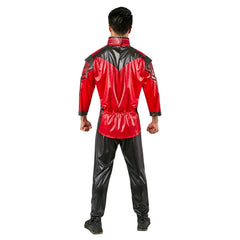 Shang-Chi Deluxe Adult Costume – digitally printed padded top with shoulder accents and detailed stitching in wet-look fabric, front and back print, paired with black wet-look pants with elastic waist.