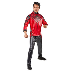 Shang-Chi Deluxe Adult Costume – digitally printed padded top with shoulder accents and detailed stitching in wet-look fabric, front and back print, paired with black wet-look pants with elastic waist.