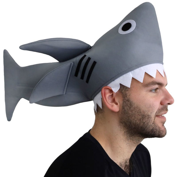 Grey novelty shark hat with fins and teeth
