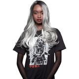 Close-up of Grey She Wolf Wig by Manic Panic – dramatic side part and textured drop curls.