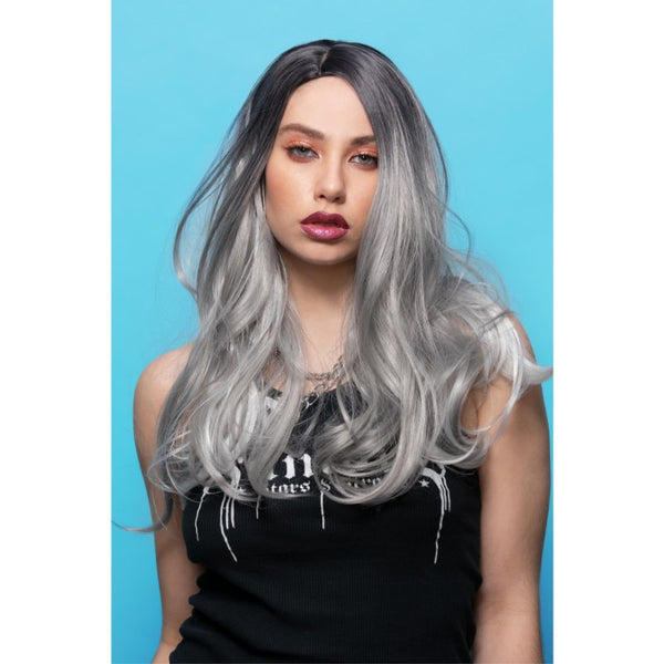 She Wolf Wig by Manic Panic with long grey drop curls and side part – heat-styleable synthetic hair.