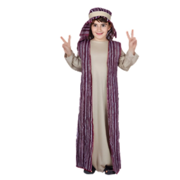 Child wearing a shepherd boy costume perfect for nativity plays.