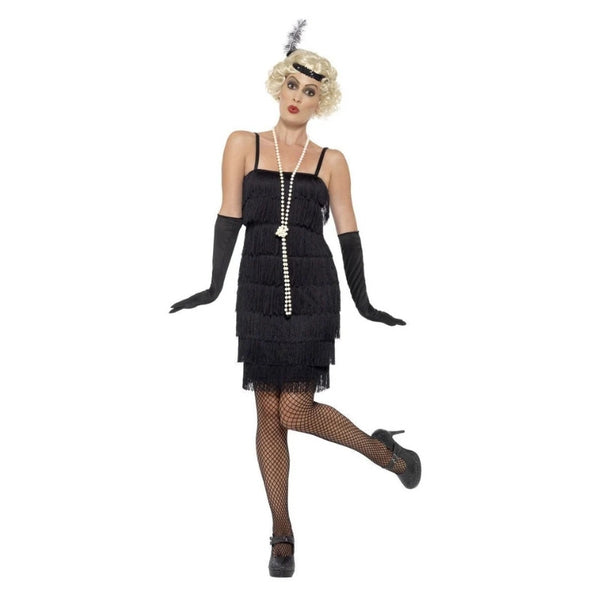 Short black flapper dress with fringe and accessories