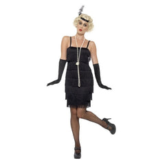 Short black flapper dress with fringe and accessories