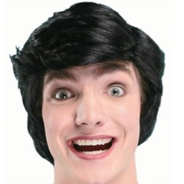 Short black men’s salesman wig with side part and sweeping fringe, costume accessory.