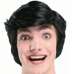 Short black men’s salesman wig with side part and sweeping fringe, costume accessory.