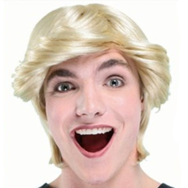 Short blonde mens salesman wig, suitable for men and women with longer style flick fringe.