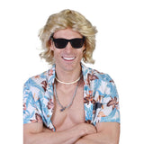 Short blonde men’s wig with flicked fringe and retro 70s style