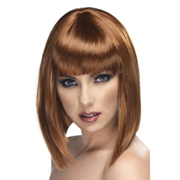 Short brown blunt glam wig in sleek long bob style with fringe