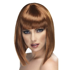 Short brown blunt glam wig in sleek long bob style with fringe