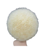 Blonde short curly costume wig with frizzy texture.