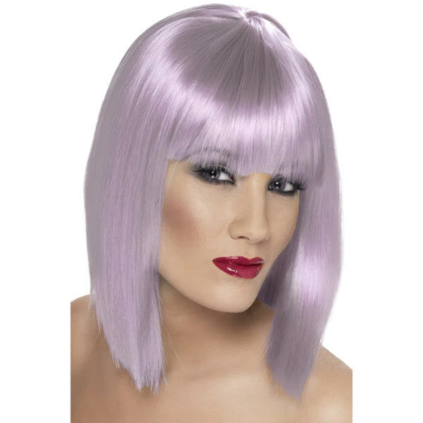 Short lilac blunt glam wig in long bob style with fringe for cosplay or costumes