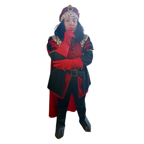 Short medieval king costume hire with royal robe and crown