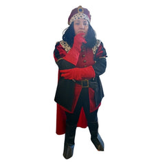 Short medieval king costume hire with royal robe and crown
