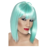 Short neon aqua blunt glam wig in long bob style with fringe by Smiffys