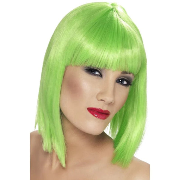 Neon Green Glam Wig in long bob style with blunt fringe – synthetic fibre, perfect for witches, Halloween costumes, and cosplay.