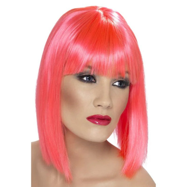Short Neon Pink Glam Wig with blunt fringe in a long bob style – synthetic fibre, ideal for hens nights, cosplay, and costume parties.