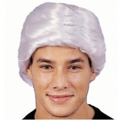 Short white wig with side part and fringe for adult old man costume