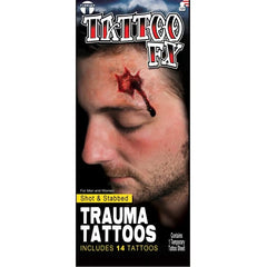 Tinsley FX temp tattoo shot and stabbed, card of different shape wounds.