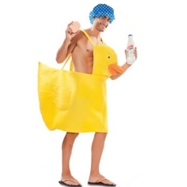 Shower duck novelty costume, body of duck in skirt form with head attached and shoulder straps.